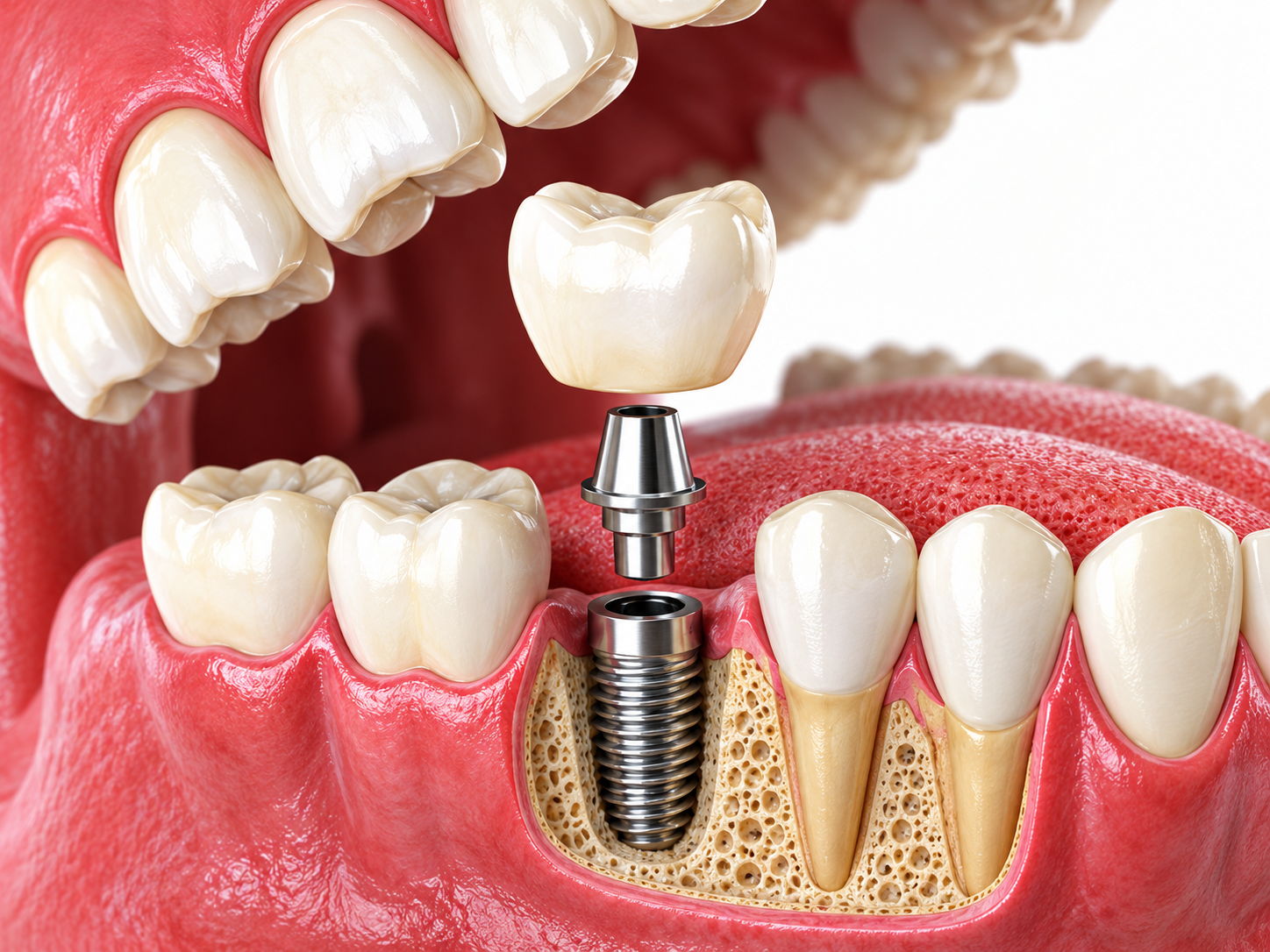 Fixed dental implant with a crown and abutment above a titanium post in the jawbone